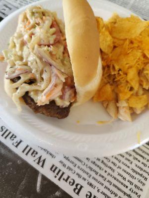 Pulled pork sandwich with a bbq ranch slaw and hillbilly pasta salad