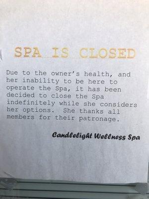 Spa is closed indefinitely as of 01 Dec 2019.