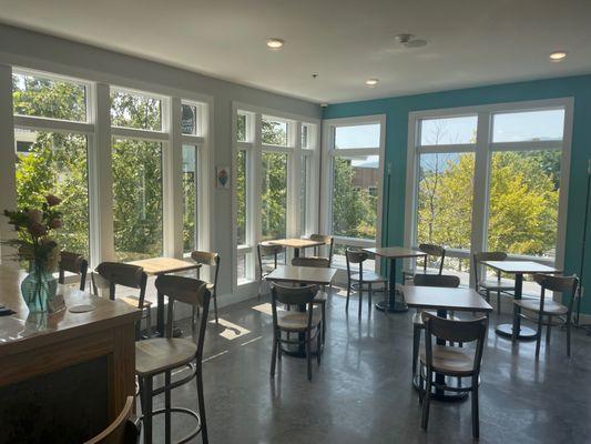 Restaurant seating with views of the Blue Ridge Mountains