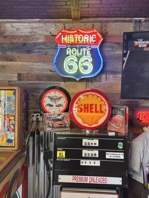 Neon Signs, Clocks, Vintage Gas Pump