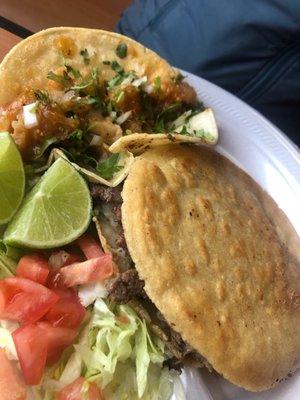 Delicious Pork Rinds taco and the tradicional corn fried Gordita with carne Asada.