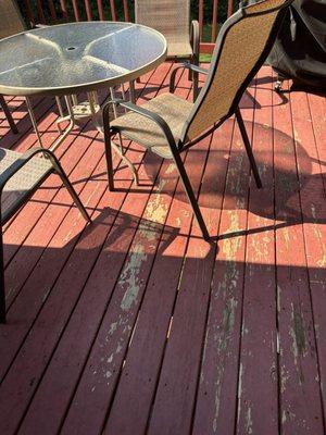 Deck is dirty and peeling, wear shoes or you'll get a sliver