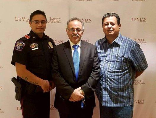 Assistant Chief J. Vasquez, Personal Protection Officer Trevino with GPI along side Mr LeVian at the LeVian Gala in Austin and San Antonio