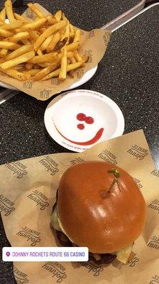 Mushrooms and Swiss Burger with a Black Bean Patty, Side of Fries, and a smile