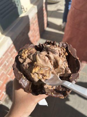 Peanut Butter Cup Perfection in chocolate waffle bowl