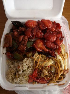 2 item combo: chow mein and fried rice with Kung pao chicken & sweet and sour chicken.  $8