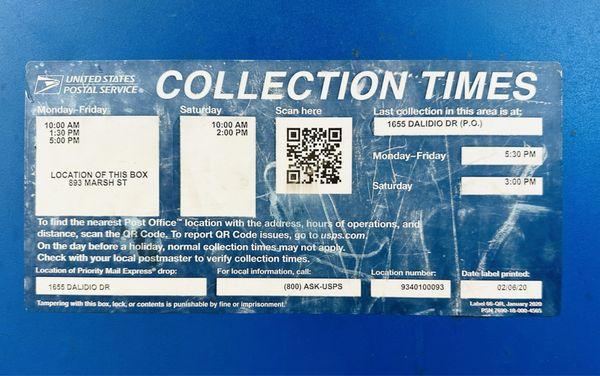 Parcel Collection times: Monday - Friday 10a, 1:30p, 5p Saturday 10a, 2p