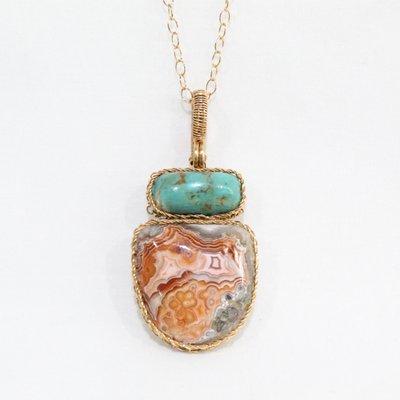 Handcrafted wire pendant with turquoise and  lace agate.