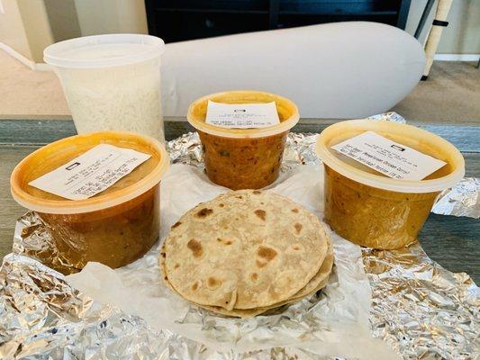 Sambar (left), rice, Murgh Lababdar (middle), Kori Gassi (Mangalorean Chicken Curry - right), roti (10)