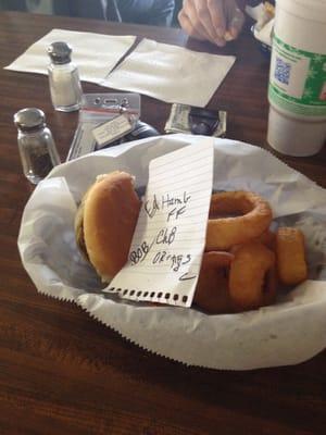 Basic cheeseburger and onion rings.  (Sorry I had already eaten half before I remembered a pic)