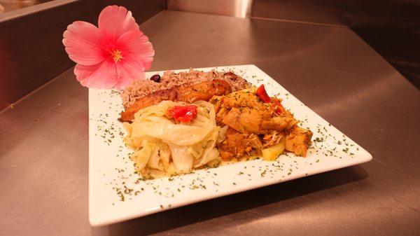 Caribbean Curry Seasoned Chicken Breasts, includes Rice, Plantains, and Vegetables.