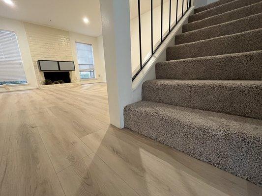 Laminate floor, carpet stairs