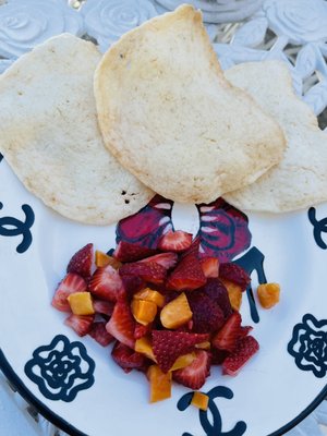 Strawberry jackfruit salad with my favorite giant Indonesian prawn chips!