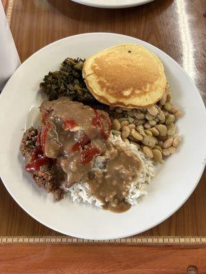 Meatloaf, gravy and rice, Lima beans, collard greens, corn bread