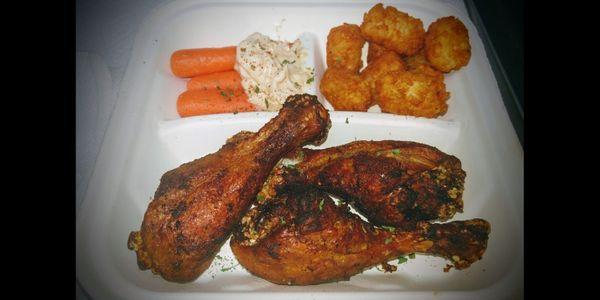 Roasted chipotle & garlic chicken lollipops ~ tater tots add chipotle mayonnaise, carrot sticks