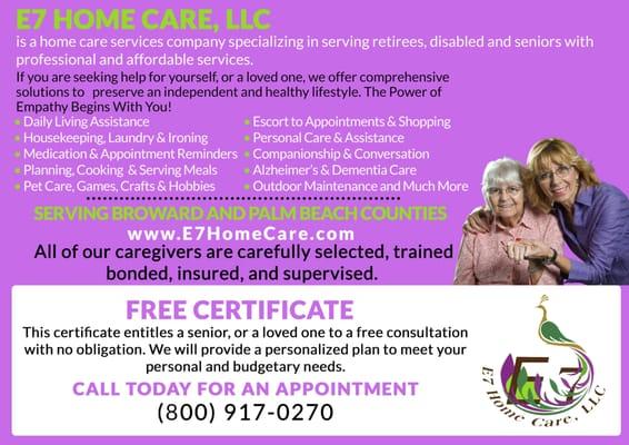 For a FREE consultation, contact E7 Home Care, LLC today! e7HomeCare.com