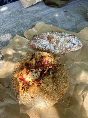 Almond croissant and roasted red pepper cheese sesame bagel