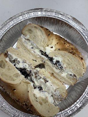 Everything bagel with Oreo cream cheese