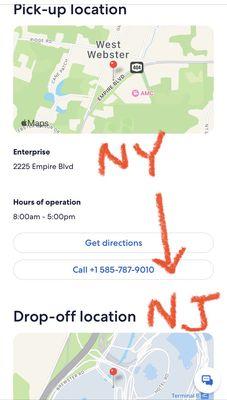 Their confirmation with pick-up in Webster, NY, and drop off at Newark Airport in NJ.