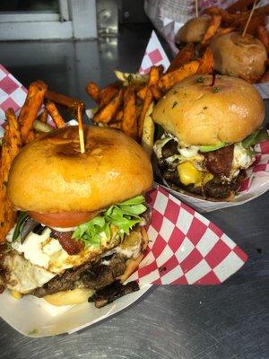 Featured here's our big text with added grilled mushrooms heavy on the bacon sweet fries on the side.