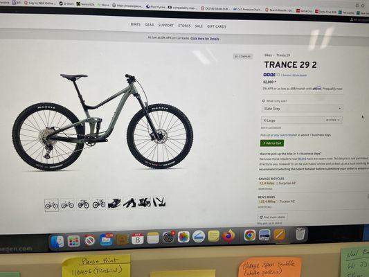 Recommended bike they'd have me buy. I found another very similar bike for $1500 less at another shop.