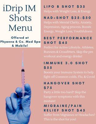 Menu of my IM injections I offer!