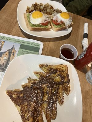 Avacado toast with burrata and eggs Nutella French toast