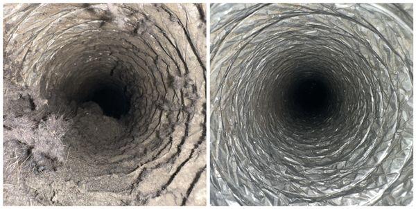 Before and after dryer vent cleaning.