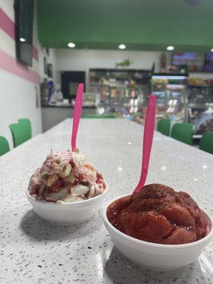 Strawberry cheesecake icecream & natural-nondairy strawberry icecream with chamoy and tajin