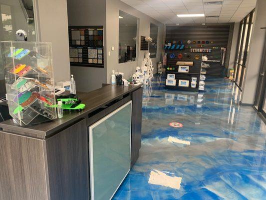 Showroom open!  See color samples and flake options! Epoxy liquids, polyurethanes, paint rollers, grinders, tools, and more!