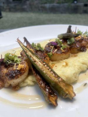 Pan roasted scallops creamy whipped potatoes fried okra w/guava glaze