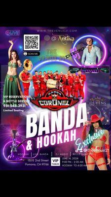 Live Banda from Mazatlan Mexico and Hookah Night every Friday!