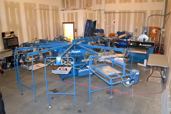 Overhead view of our shop.  Our Automatic Press, Manual Press, Conveyor Dryer, Air Compressor, Chiller, and Washout booth.