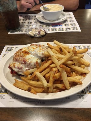 Eggplant Parmesan sandwich and New England Clam Chowder