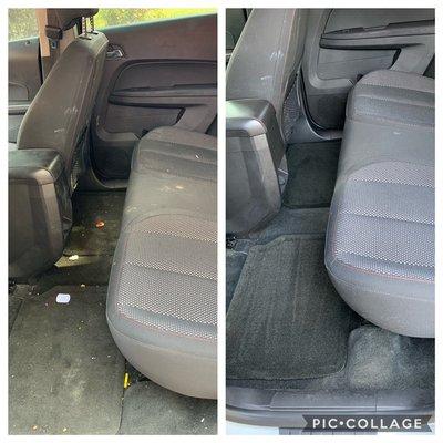 A before and after photo of an interior that was serviced by Engage Mobile Detailing.