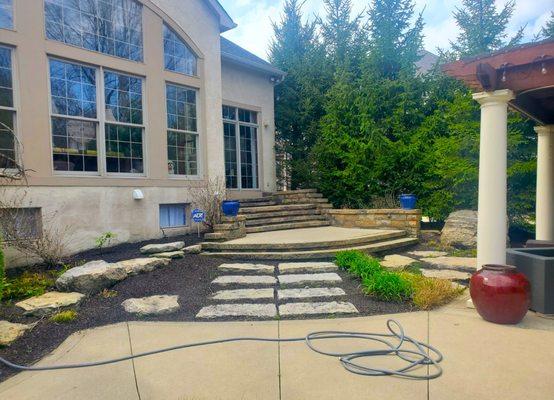 Powerwashed paver deck, wall, walkway, mulched to perfection!