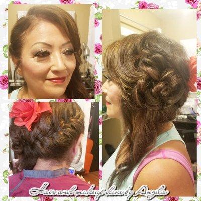 Side braid flirty updo and glam makeup. Done by Angela

Instagram-  Alwayzshine_doll