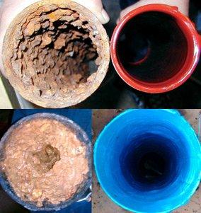 Before (right), and after (left) for potable (top) and sewer/drain (bottom). SPT in place pipe repair saves time and money