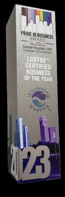 Liam J. Adair Wholesome Healing 2023 LGBTBE Business of the Year. Pride in Business award from the Greater Houston LGBT Chamber of Commerce