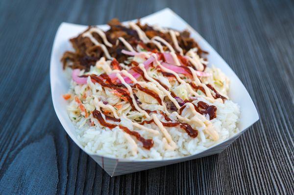 BBQ Pork, Slaw, White Rice, Chipotle Aioli, BBQ Sauce