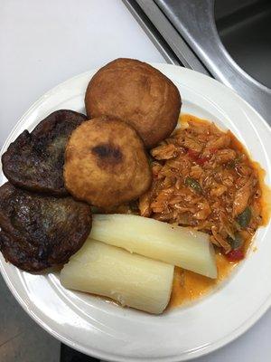 Stewed Saltfish with Casava, Banana Fritters and Johnny Cakes