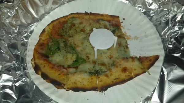 This is a spinach personal pizza, delicious.   Obviously,  I couldn't wait to take a picture,  I had to take a bite!