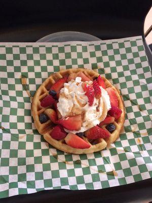 This waffle is berry berry good ,comes with wiped cream and the following strawberries,blueberries,raspberries,and black berries