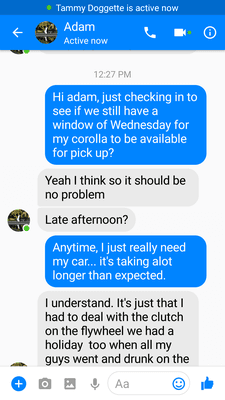 On May 19, 2018 I brought my car to this shop and spoke to the owner named Adam Fares. My seats were torn on pick up and the job took 2 wks