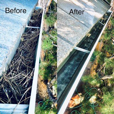 Before and After Results of our Gutter Clean and Downspout rinse Services.