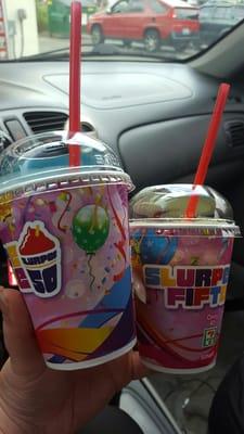 Blue raspberry and birthday cake slurpees!!