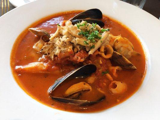 Crab Cioppino with shrimp, scallops, mussels, calamari, fresh fish + tomato broth for dinner at Pisces California Cuisine on 06.13.18.