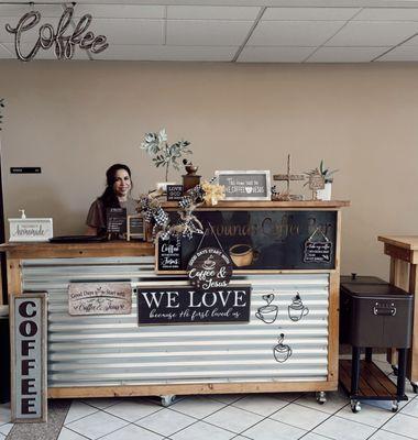 Coffee cart area. We also have sweet treats! Come by after service!