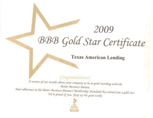 BBB Gold Star for Customer Service