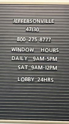 Hours for window help and lobby & phone number